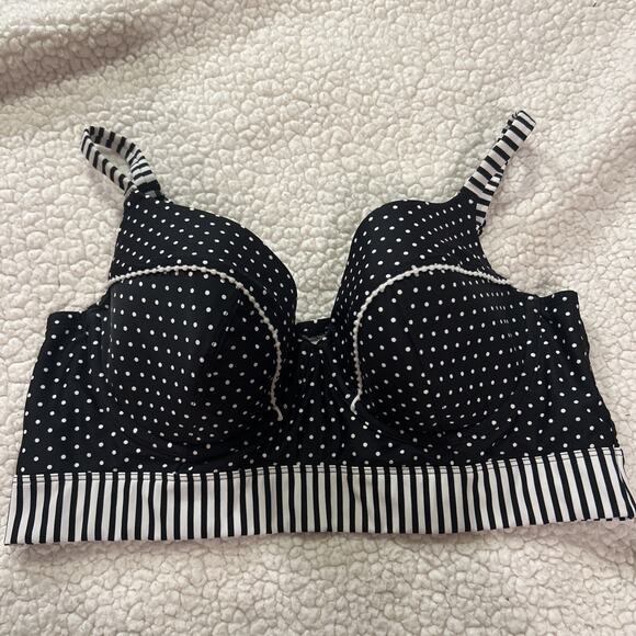 Cacique Swim Bikini Top Black White 38DD Polka Dots Stripes Underwire - Picture 1 of 6